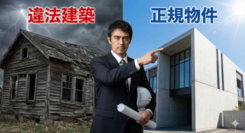 崩れかけた廃屋（出会い系）と堅牢な現代建築（マッチングアプリ）を比較し、安全な方を指差す56歳建築家