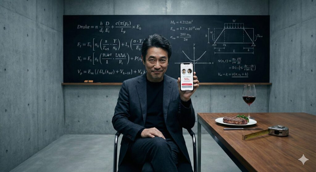 ドレイクの方程式と構造力学の図が描かれた黒板を背に、マッチングアプリを表示したスマホを掲げる50代の独身男性建築家。テーブルには一人分のステーキとメジャー。