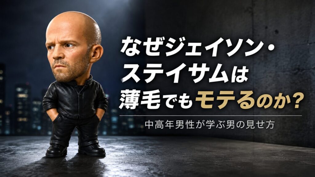 薄毛でもモテる理由を考察する記事用に、ジェイソン・ステイサム風の男性フィギュアと中高年男性の見せ方を表現したアイキャッチ画像