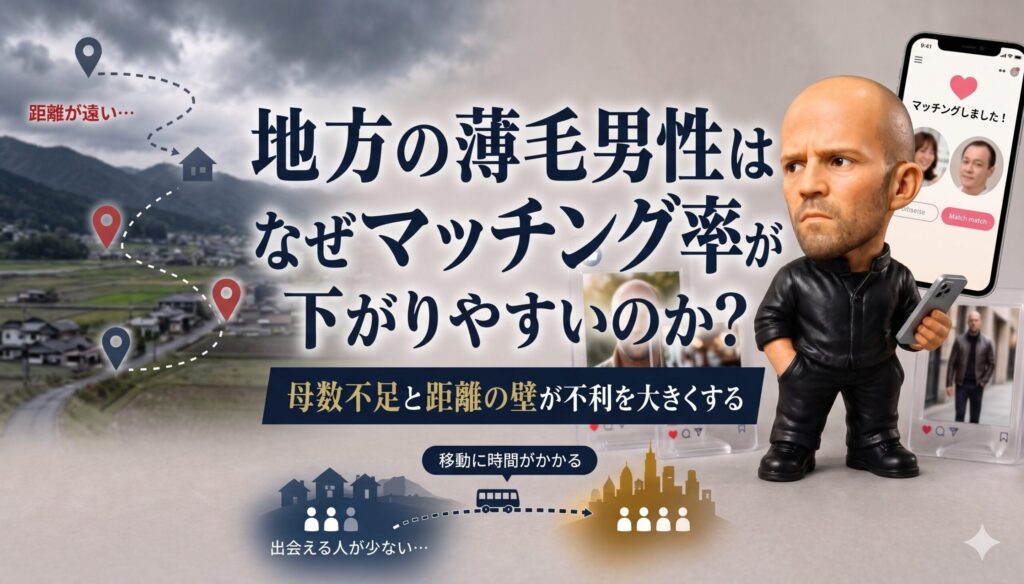 地方の薄毛男性がマッチングアプリで苦戦する理由を解説したアイキャッチ画像。スマートフォンを持つワイルドな男性フィギュアの背景に、のどかな地方の風景と都市部への移動ルートが描かれています。中央には「地方の薄毛男性はなぜマッチング率が下がりやすいのか？母数不足と距離の壁が不利を大きくする」というテキストがレイアウトされています。