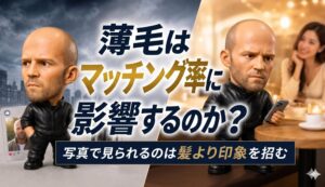 薄毛がマッチングアプリの出会いに与える影響を解説したアイキャッチ画像。左側には曇り空の都市を背景に悩む表情の男性フィギュア、右側には明るいカフェで女性と過ごすスマートな男性フィギュアが配置されています。中央には「薄毛はマッチング率に影響するのか？写真で見られるのは髪より印象を招く」というテキストがレイアウトされています。