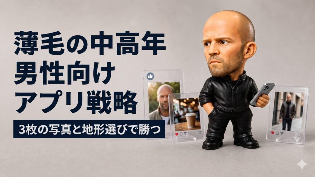 薄毛の中高年男性向けマッチングアプリ攻略法のアイキャッチ画像。ワイルドな男性のフィギュアがスマートフォンを持ち、隣には「自然光の顔写真」「カフェでの趣味写真」「全身のジャケット写真」の3枚のプロフィール写真が並んでいます。左側には「薄毛の中高年男性向けアプリ戦略｜3枚の写真と地形選びで勝つ」という記事タイトルが記載されています。